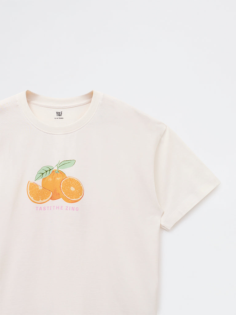 Girls White Fruit Printed Cotton T-Shirt