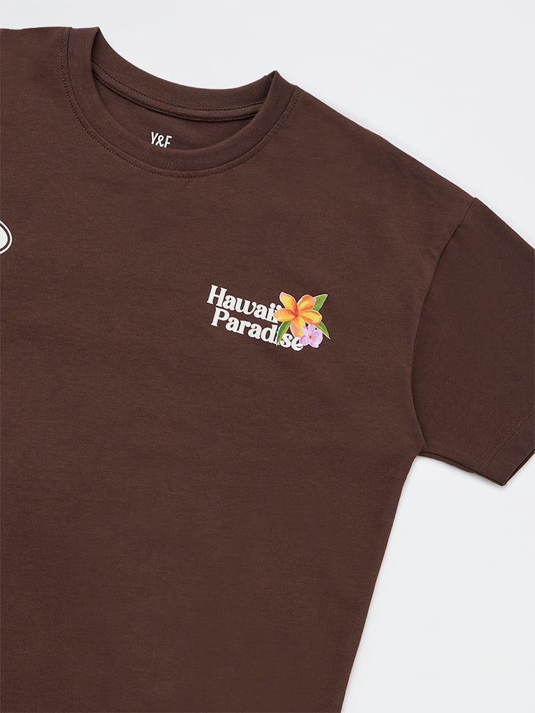 Girls Brown Graphic-Printed Cotton T-Shirt