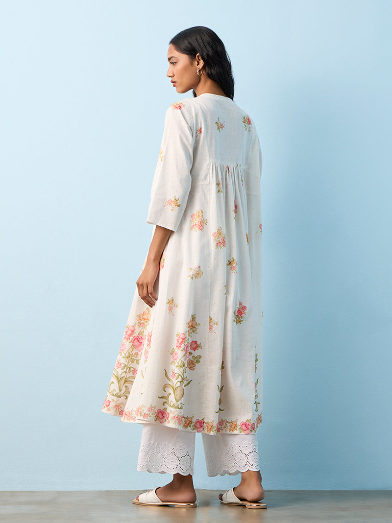 Utsa White Foliage Pattern Anarkali Cotton Kurta