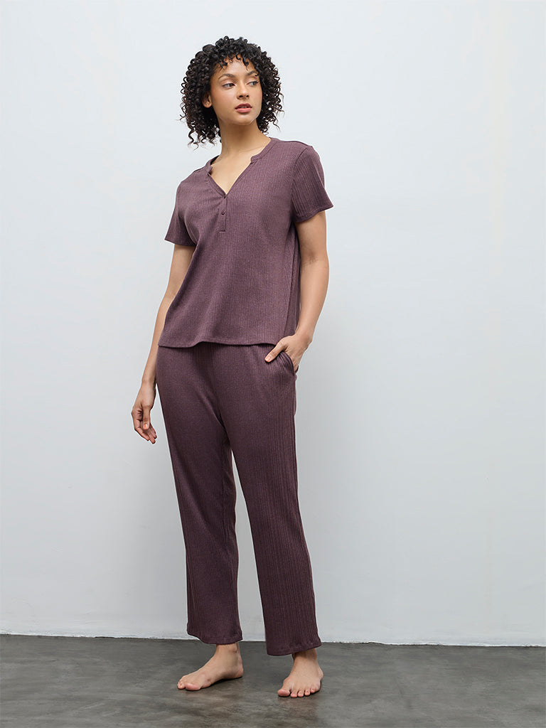 Wunderlove Dark Mauve Self-Striped High-Rise Pants