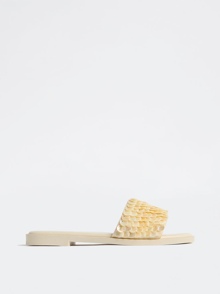 LUNA BLU Ivory Shell Embellished Slides