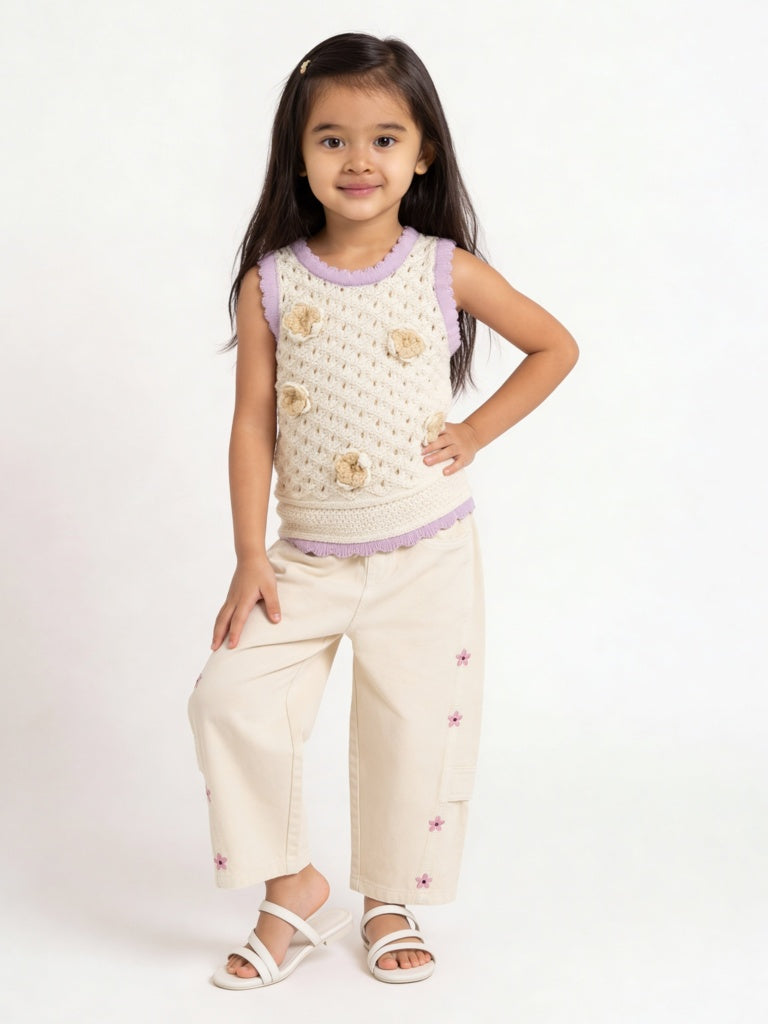 HOP Kids Girls Off-White Crochet-Knitted Cotton Top