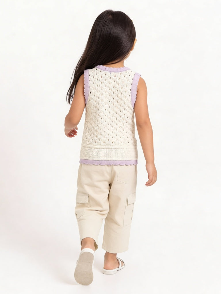 HOP Kids Girls Off-White Crochet-Knitted Cotton Top
