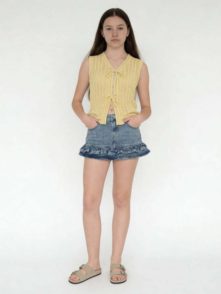 Girls Yellow Crochet-Knit Cotton Top with Camisole