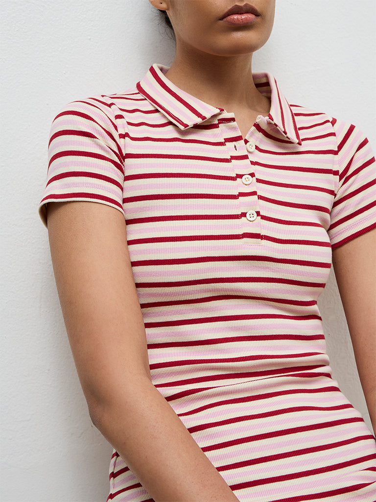 Nuoflexx Pink Striped Cotton-Blend Bodycon Dress