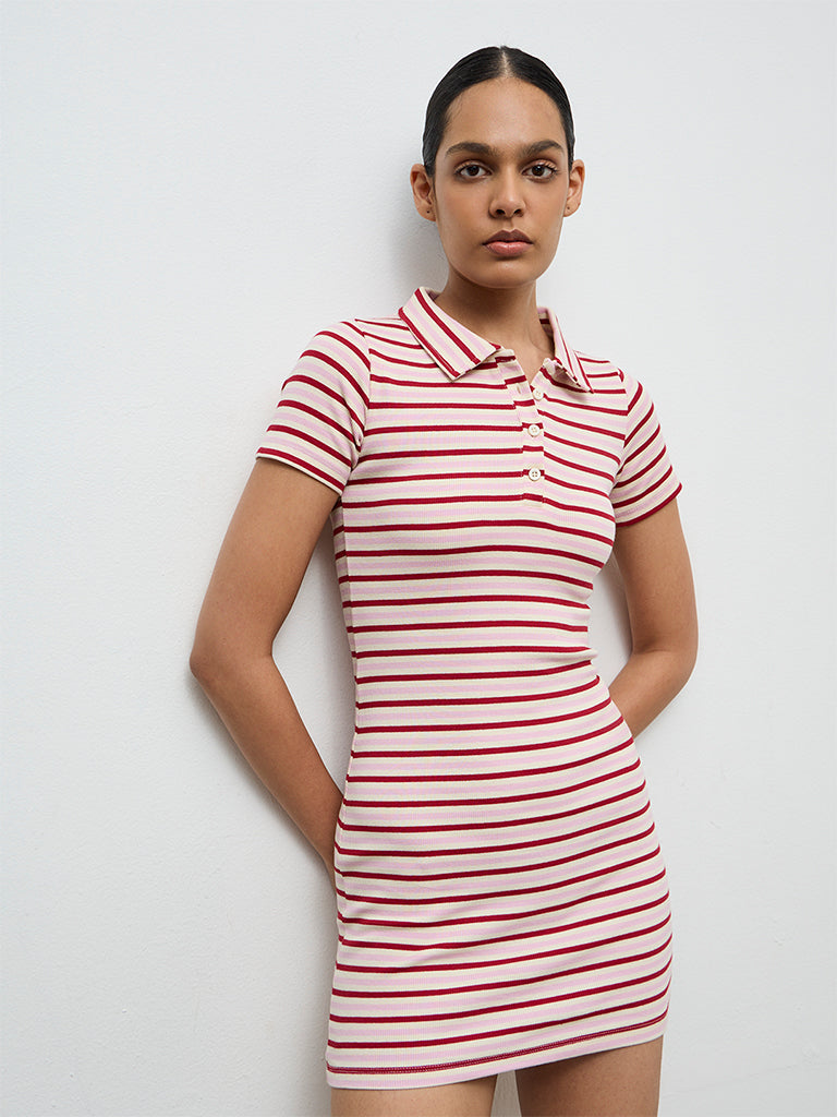 Nuoflexx Pink Striped Cotton-Blend Bodycon Dress