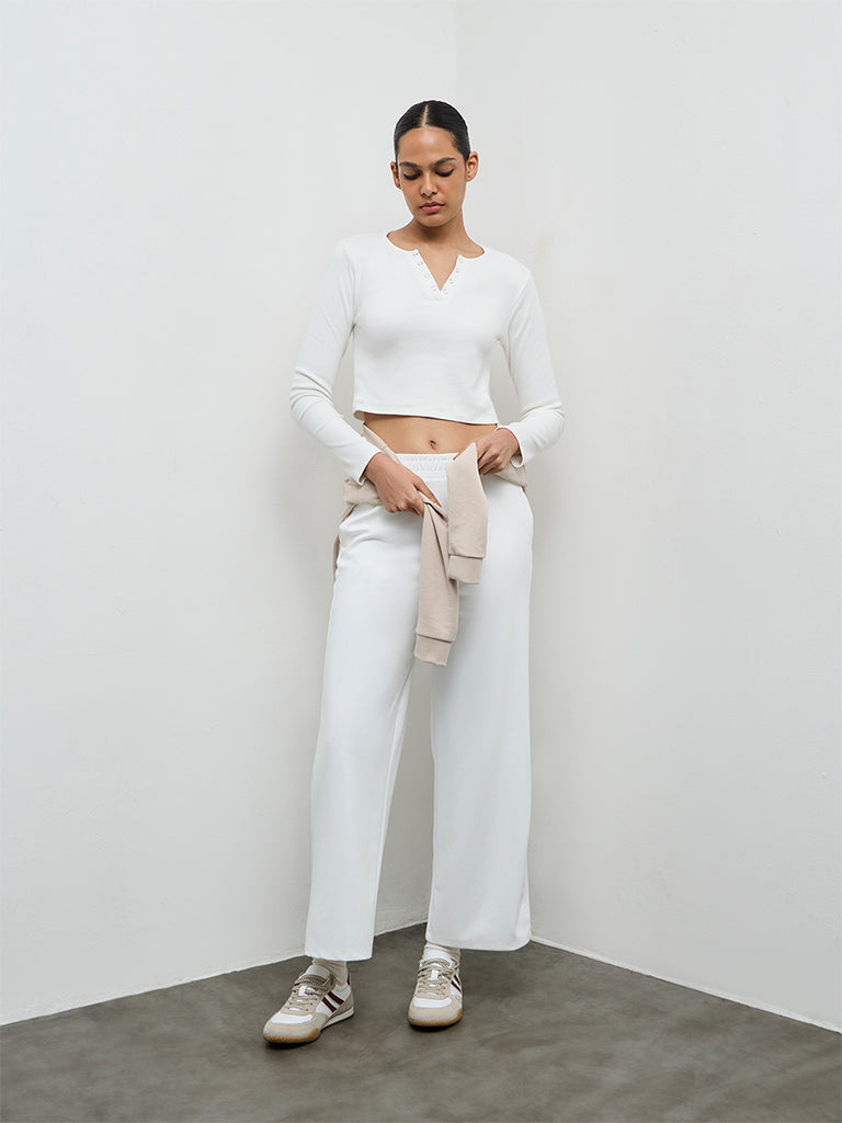 Nuoflexx White Ribbed Cotton-Blend Top