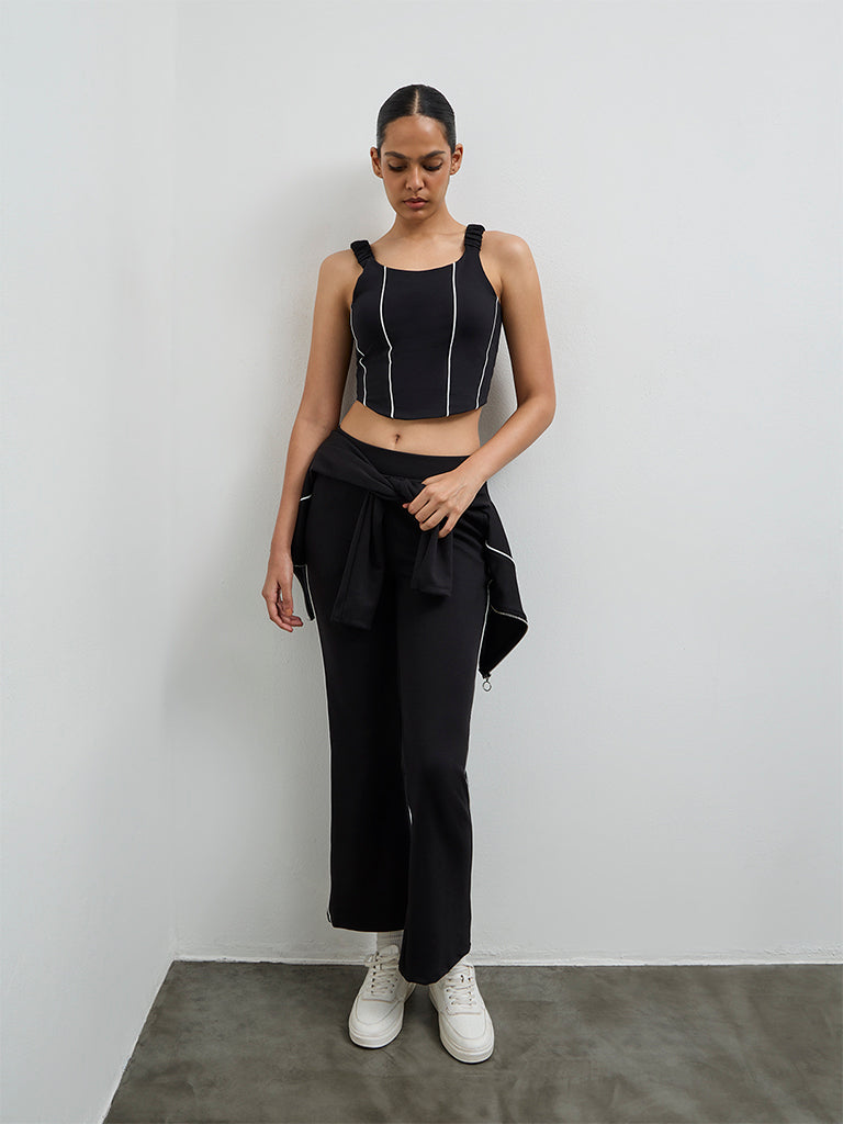 Nuoflexx Black Pipeline-Detailed Cotton-Blend Top