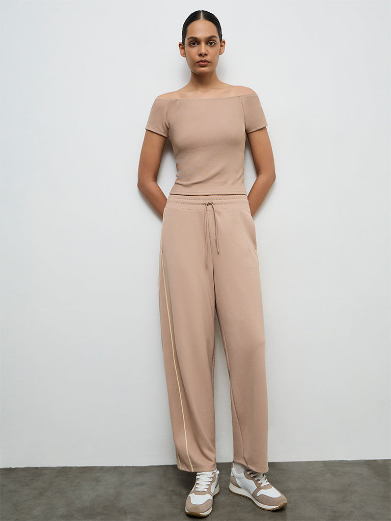 Nuoflexx Beige Ribbed Off-Shoulder Top