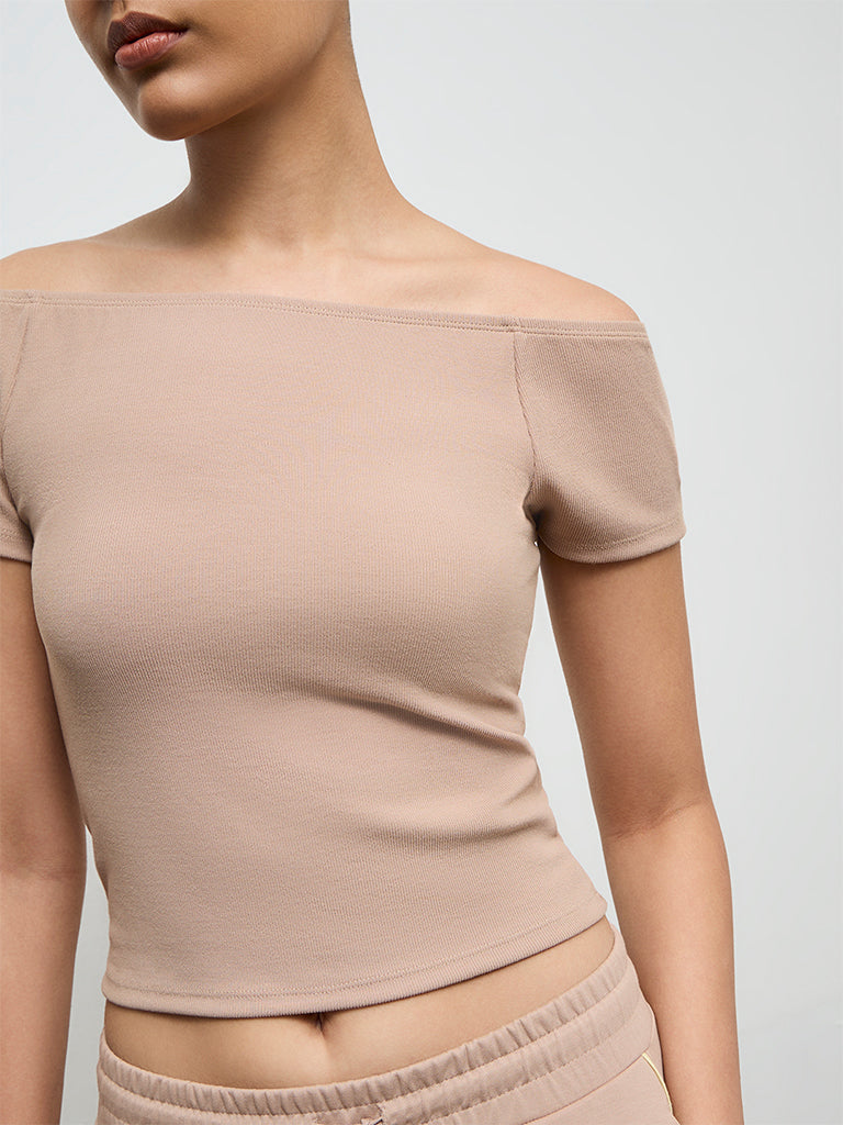 Nuoflexx Beige Ribbed Off-Shoulder Top