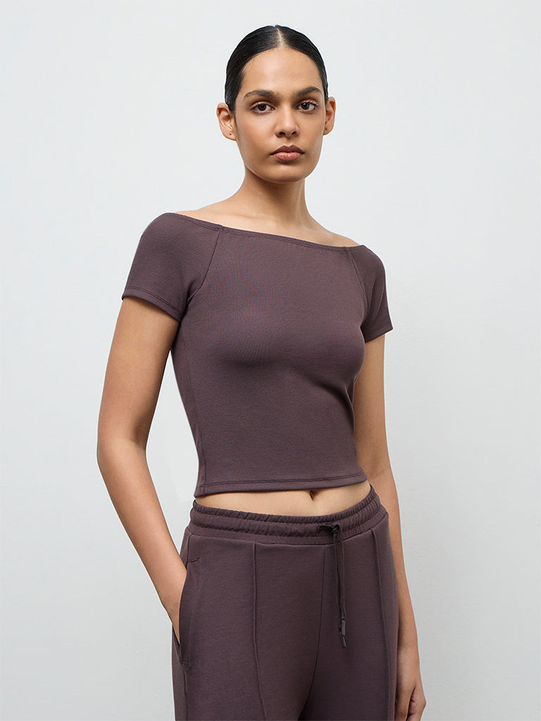 Nuoflexx Dark Brown Ribbed Off-Shoulder Top