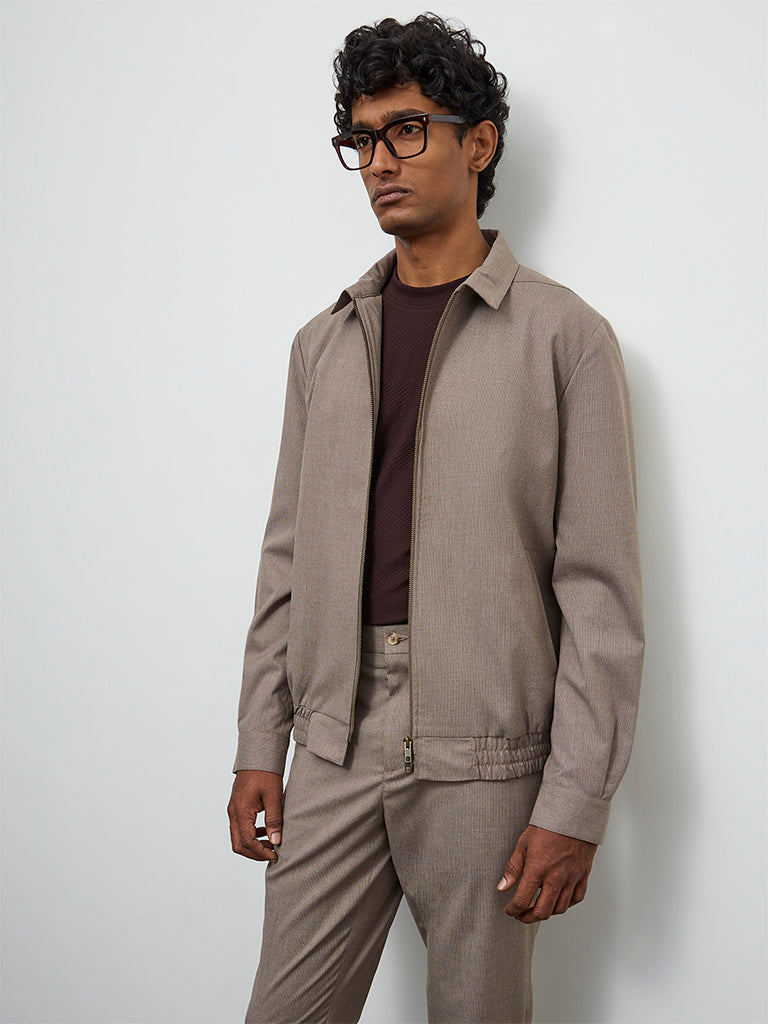 WES Formals Taupe Solid Slim-Fit Cotton Jacket