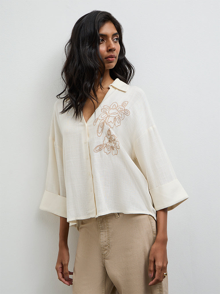 LOV Off-White Floral Embroidered Blouse