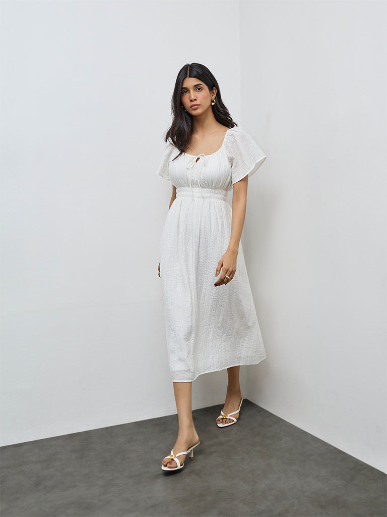 LOV White Self-Textured A-Line Dress