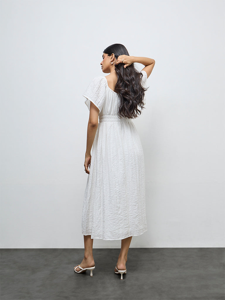LOV White Self-Textured A-Line Dress