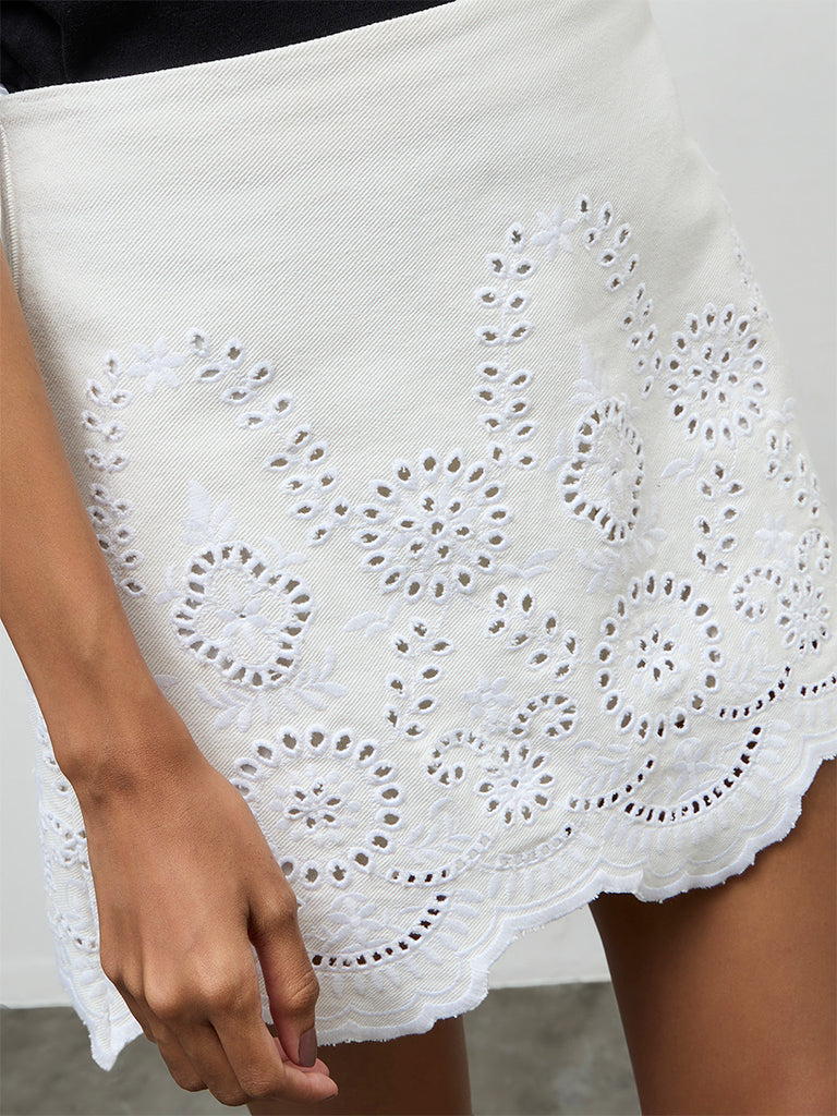 LOV White Schiffli Embroidered High-Rise Cotton Skirt