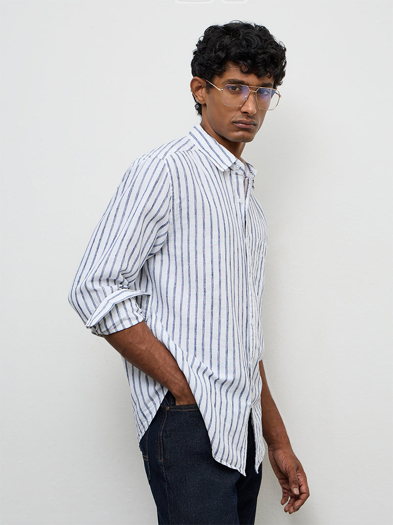 WES Casuals Blue Striped Relaxed-Fit Cotton-Blend Shirt