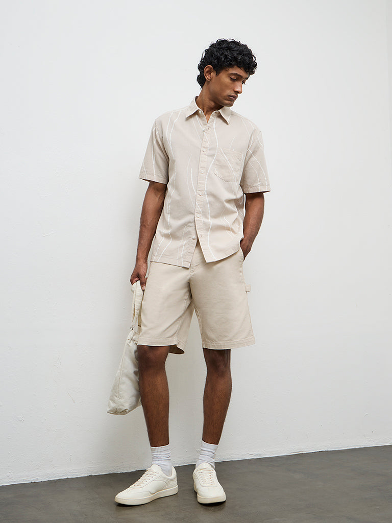 WES Casuals Light Beige Relaxed-Fit Mid-Rise Canvas Carpenter Shorts