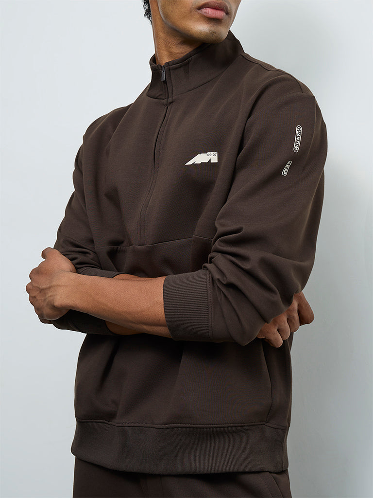 Nuoflexx Dark Brown Text Detailed Relaxed-Fit Sweatshirt