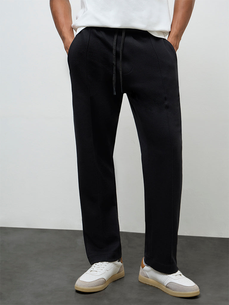 Nuoflexx Black Relaxed Fit Mid-Rise Cotton-Blend Track Pants