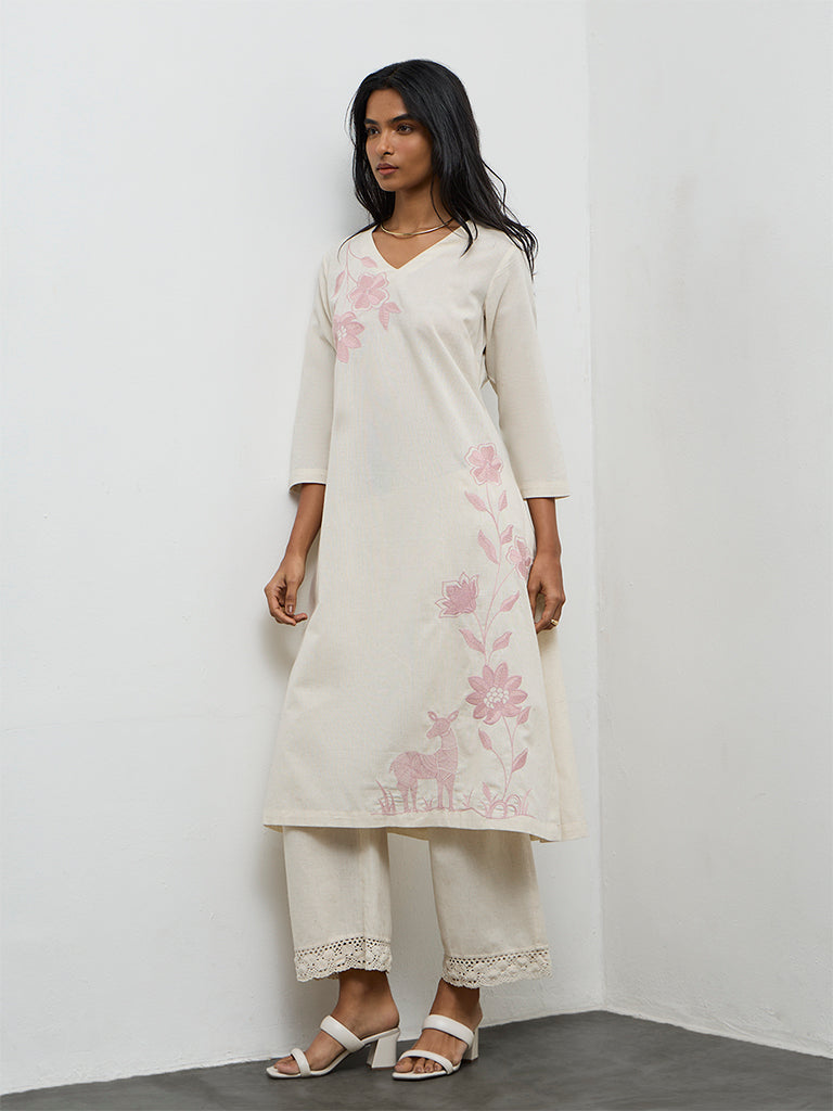 Utsa Off-White Floral Embroidered A-Line Cotton-Blend Kurta