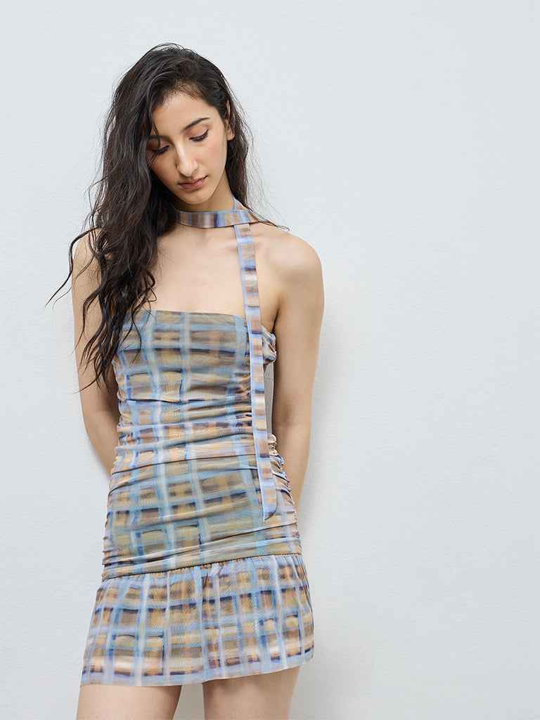 Nuon Blue Checkered Tube Dress with a Scarf