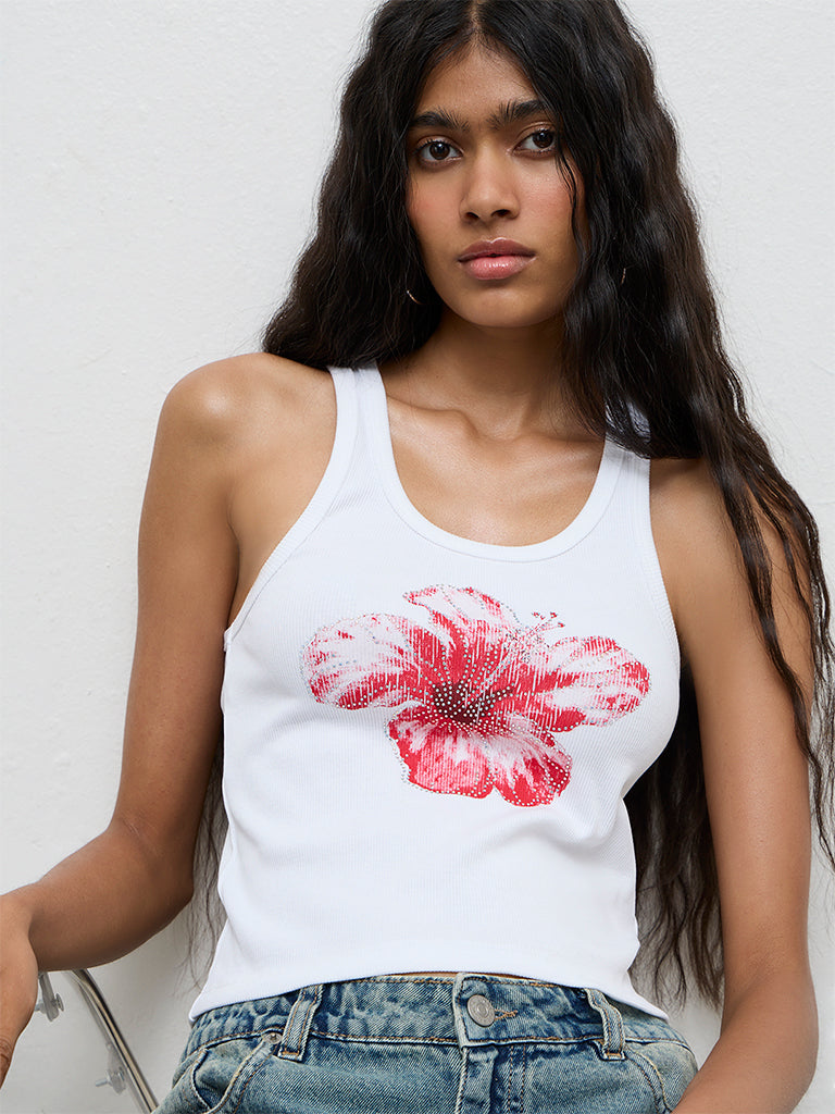 Nuon White Floral Printed Cotton-Blend Top
