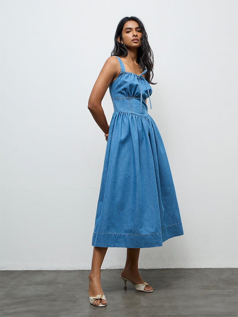 LOV Blue Solid Denim A-Line Dress