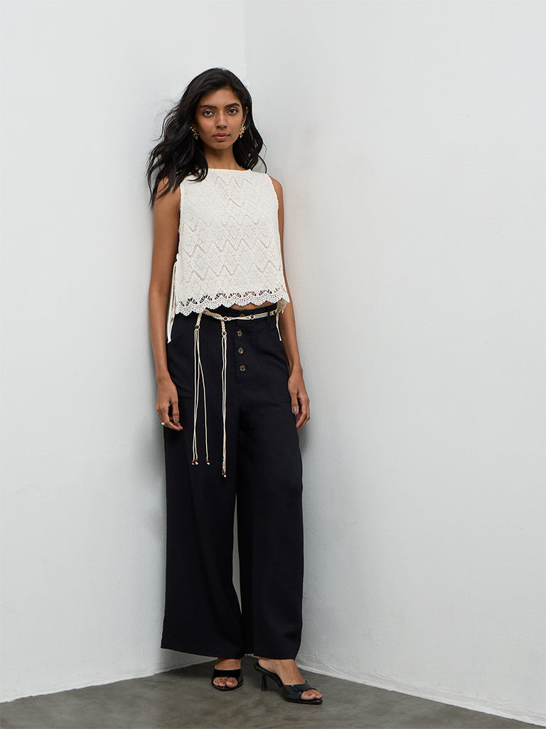 LOV Black High-Rise Linen Trousers with Belt