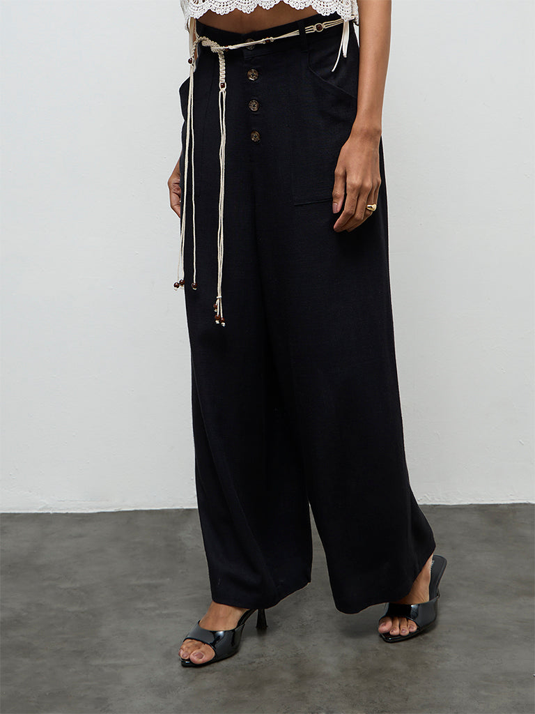 LOV Black High-Rise Linen Trousers with Belt