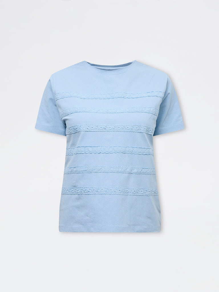 LOV Blue Lace Embroidered Cotton-Blend T-Shirt
