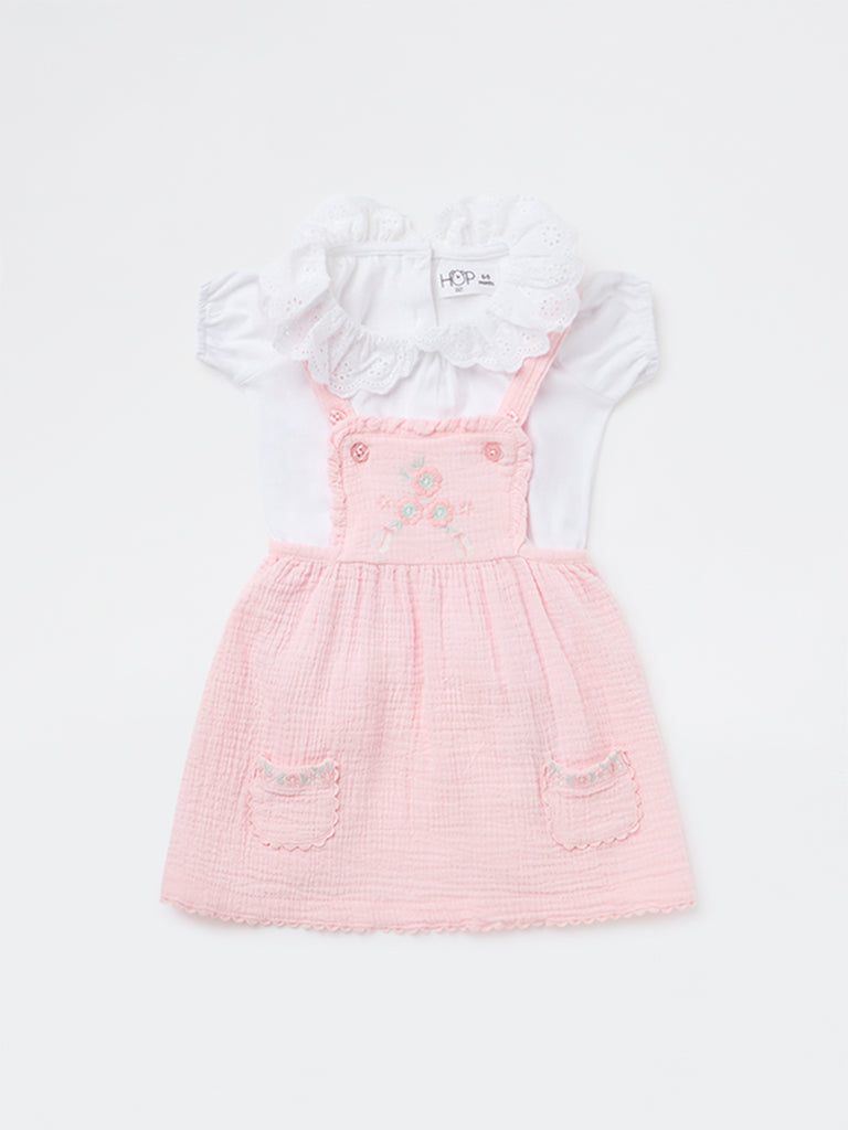 HOP Baby Girls Pink Floral Cotton Pinafore with T-Shirt Set