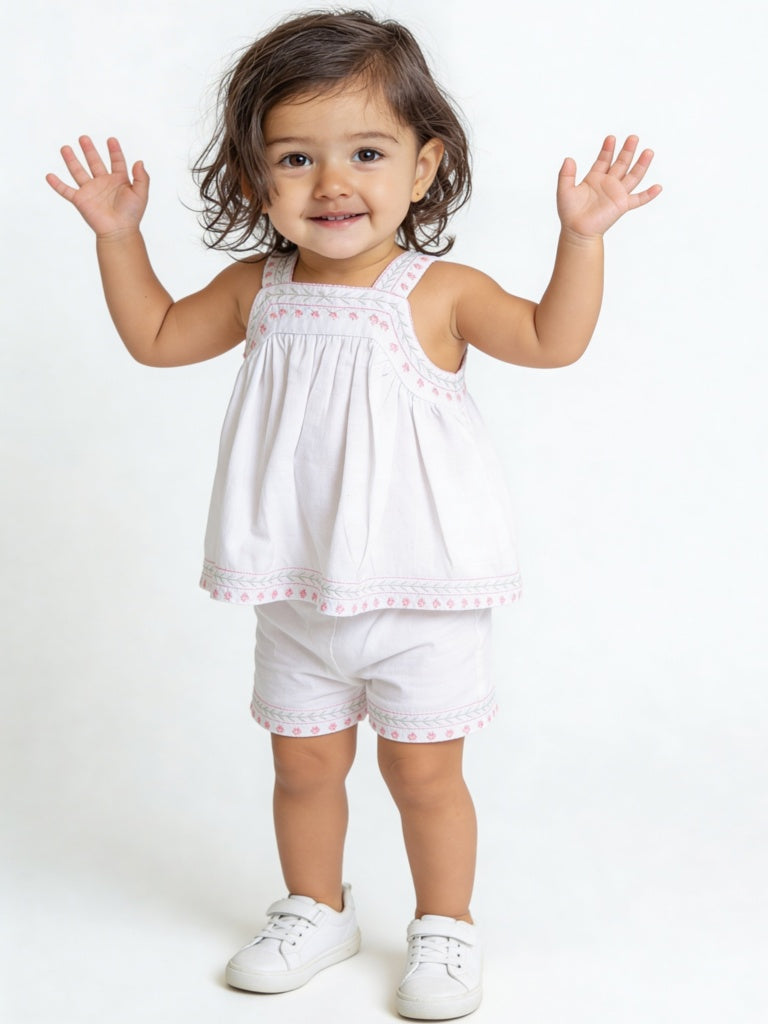 HOP Baby Girls White Floral Embroidered Top and Shorts Set