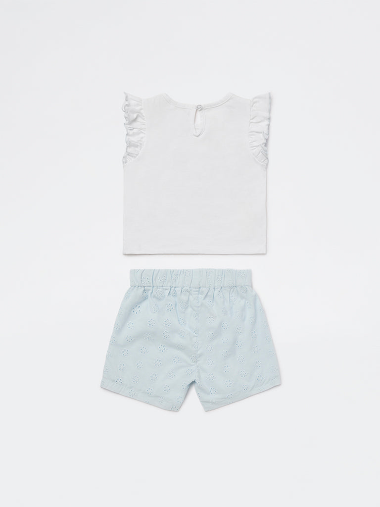 HOP Baby Girls White Embellished Cotton T-Shirt and Shorts Set