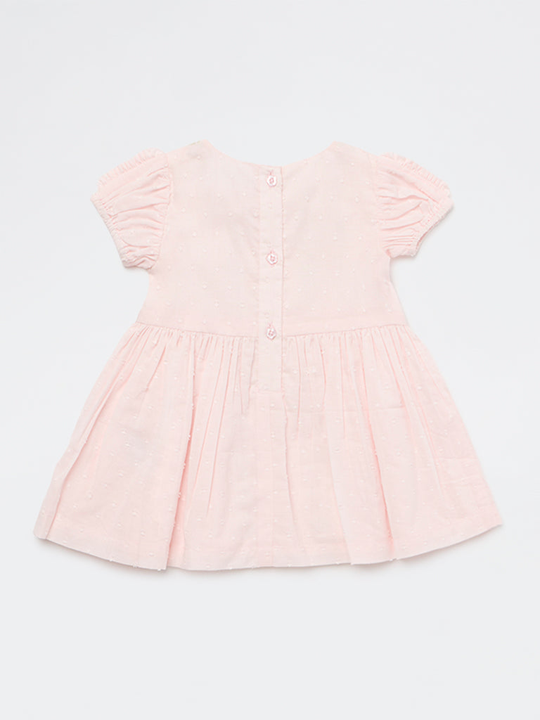 HOP Baby Girls Pink Floral Embroidered A-Line Cotton Dress