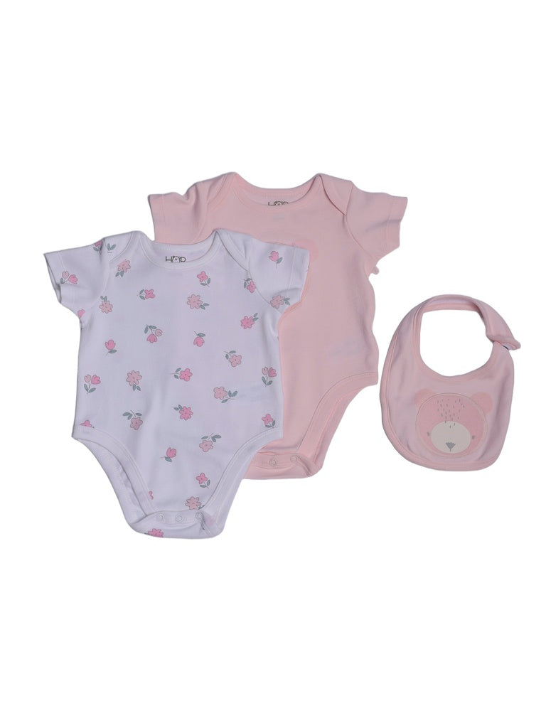 HOP Baby Girls Pink Cotton Romper with Bib - Pack of 3