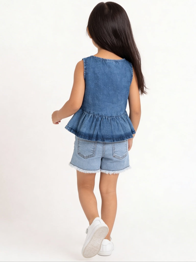 HOP Kids Girls Blue Faded Denim Peplum Top