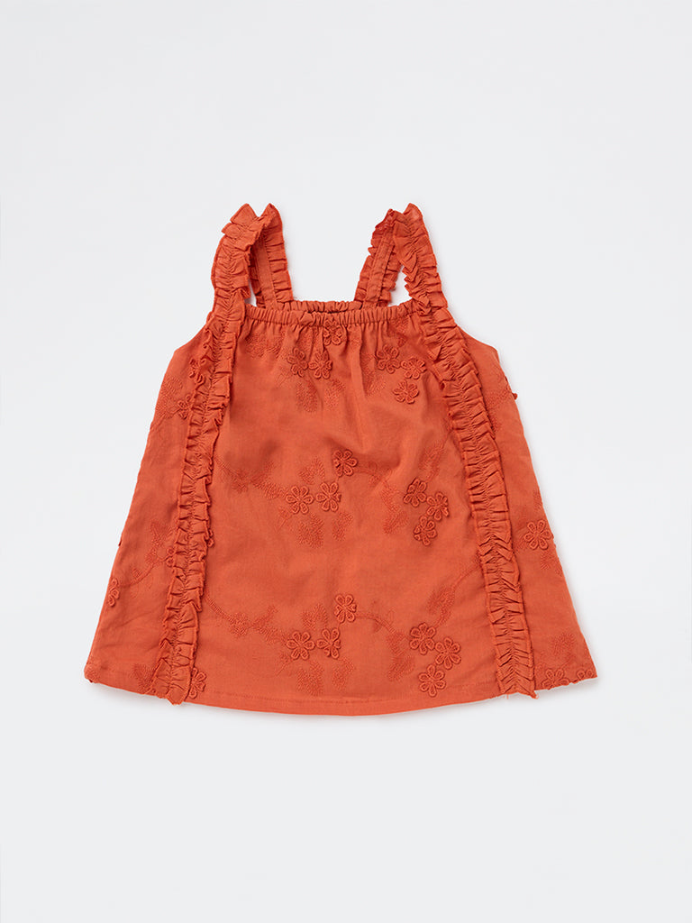 HOP Kids Girls Orange Floral Embroidered Cotton Top