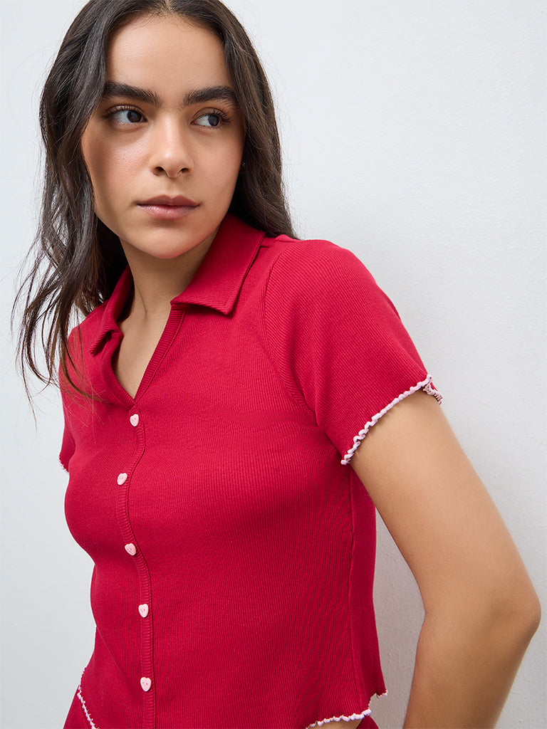Superstar Red Ribbed Cotton-Blend Top
