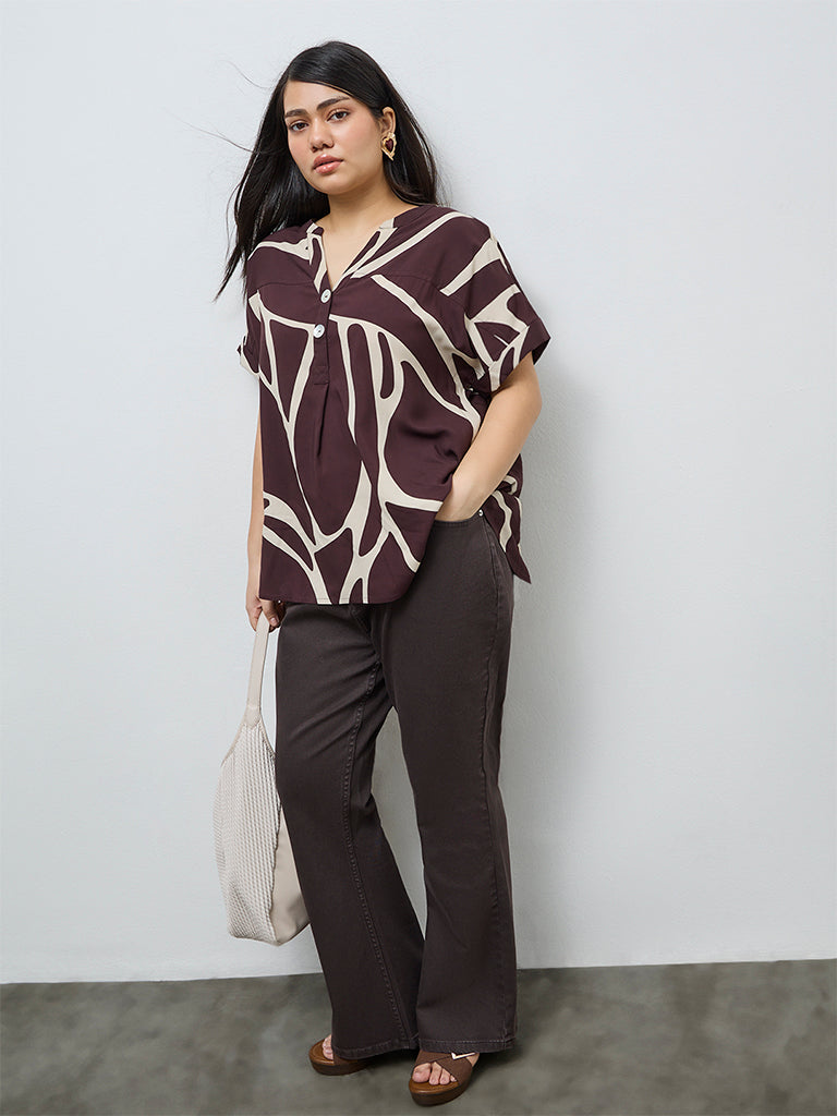 Gia Dark Brown Abstract Printed Blouse