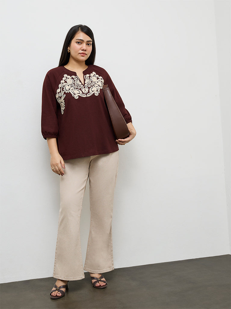 Gia Brown Embroidered Cotton Blouse
