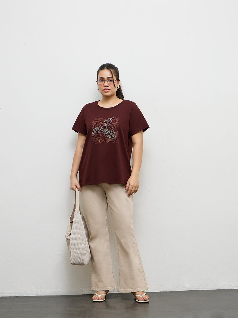 Gia Dark Brown Leaf Design Cotton T-Shirt