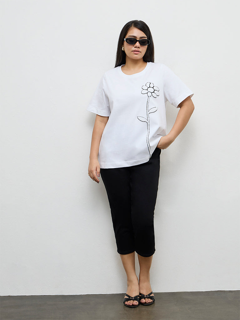Gia White Floral Printed Cotton T-Shirt