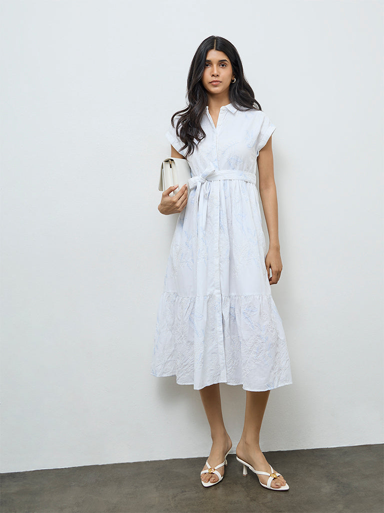 LOV White Floral Embroidered Cotton Shirt Dress with Belt