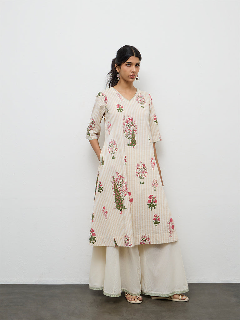 Utsa Off-White Floral Printed Cotton A-Line Kurta