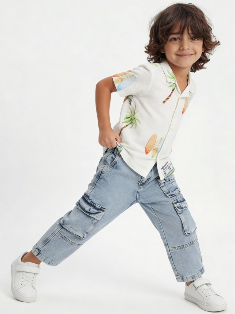 HOP Kids Boys Light Blue Washed Mid-Rise Cargo Jeans