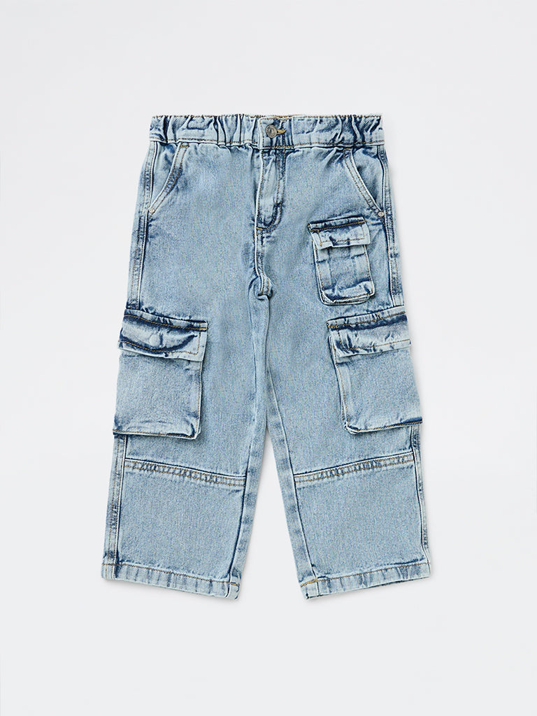 HOP Kids Boys Light Blue Washed Mid-Rise Cargo Jeans
