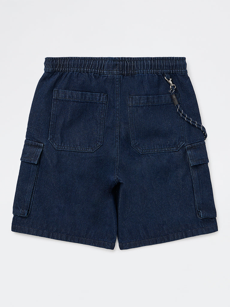 Boys Dark Blue Mid-Rise Denim Chain-detailed Shorts