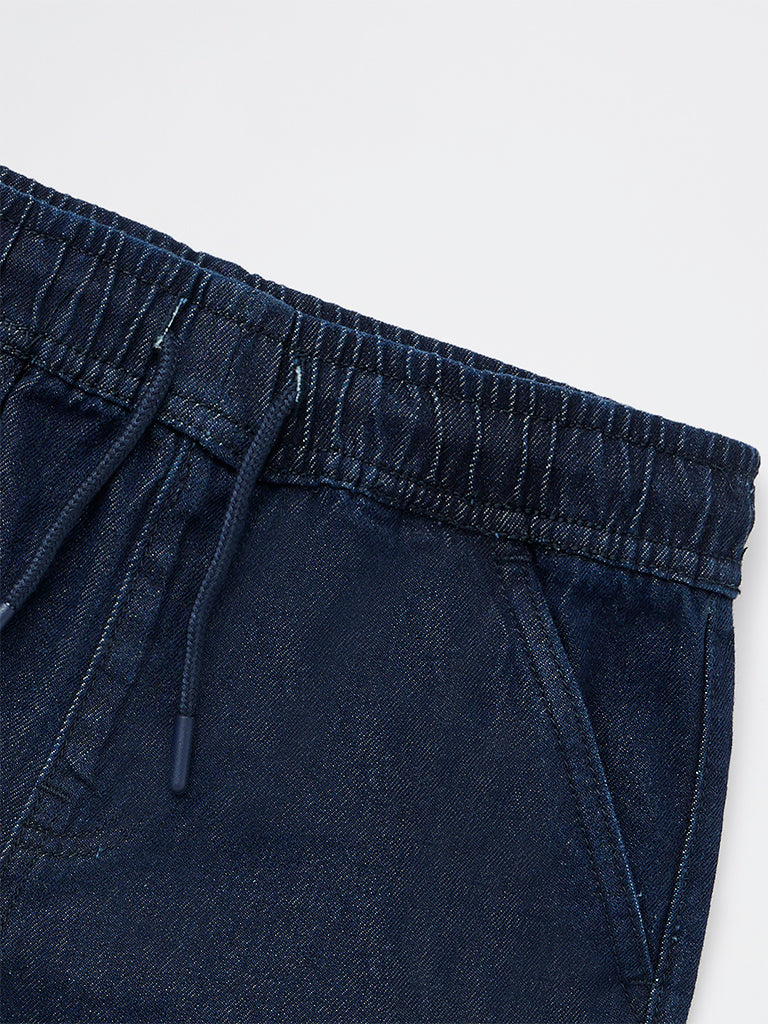 Boys Dark Blue Mid-Rise Denim Chain-detailed Shorts