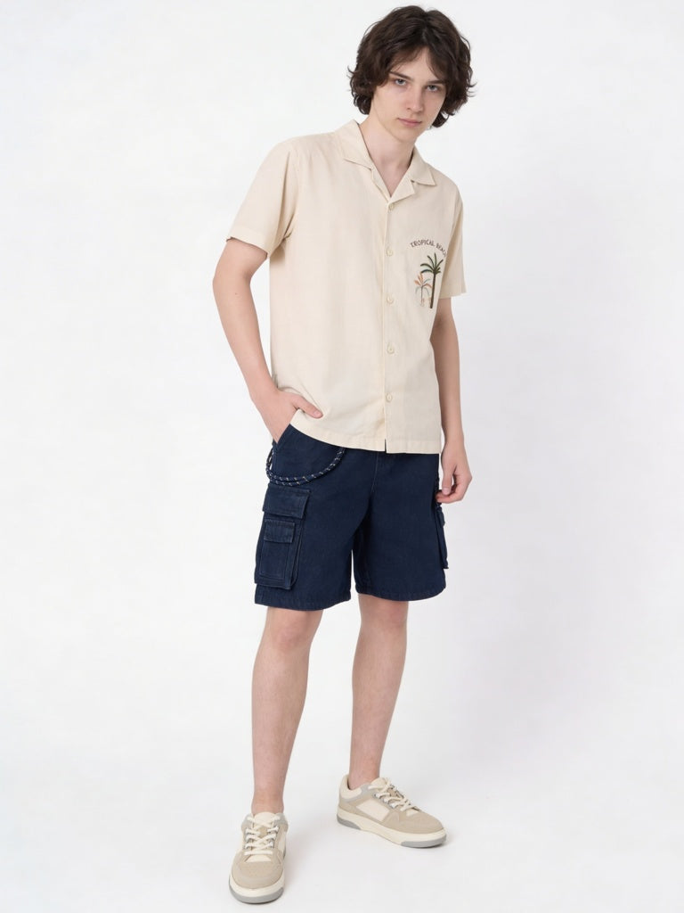 Boys Beige Tropical Printed Shirt